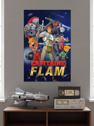 Artwork sur métal Capitaine Flam et son équipage dans un décor rétro avec vaisseau Cyberlab et cassette VHS vintage - Collection Légendes Rétro par Silicone Valley.