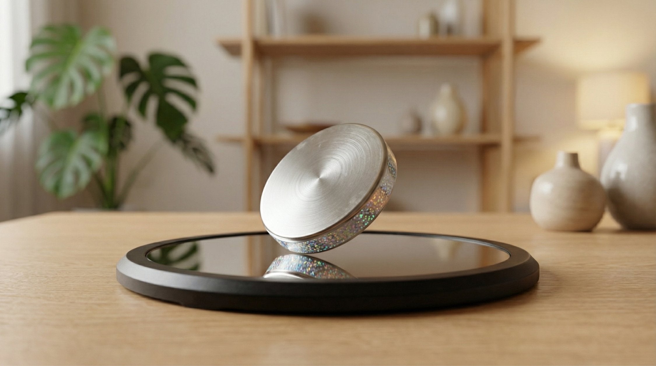 Disque d'Euler original en acier chromé 930g avec base miroir - Objet de physique cinétique de bureau